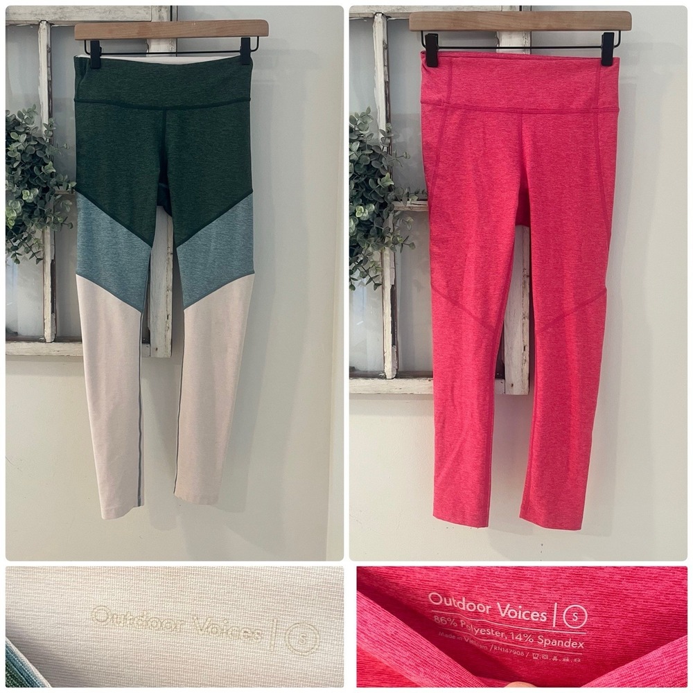 Outdoor Voices Colorblock Green Solid Pink Set Of Two Leggings Size Small